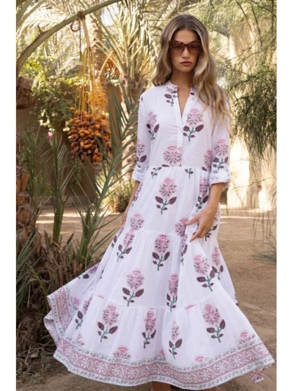 NWT Oliphant Mandarin Maxi in Puglia Petal Floral Cotton Shirt Dress L